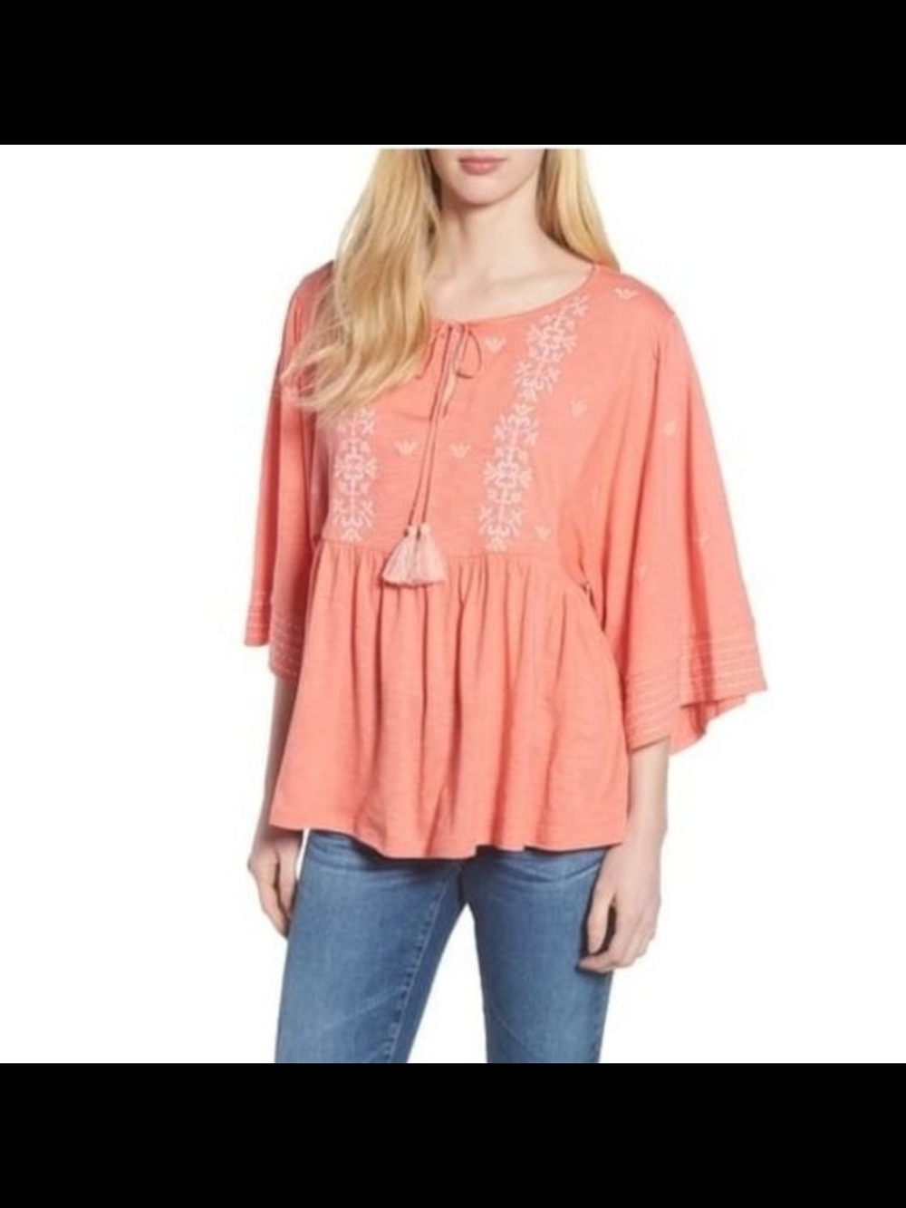 NWT Caslon Coral Pink Embroidered Peasant Top Blouse Boho Tassel Tie Size L